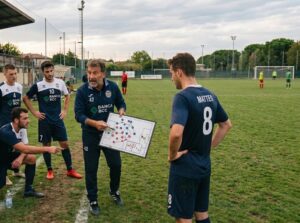 allenatore calcio dilettanti che spiega la tattica ai giocatori